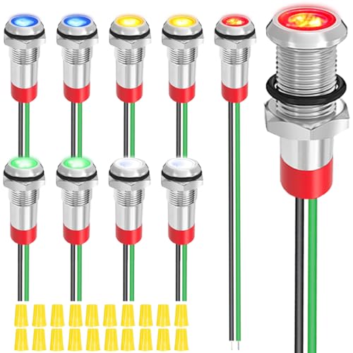 MKBKLLJY 10St. 6mm AC 110V 120V 220V 20mA Rot/Gelb/Blau/Grün/Weiß LED Anzeigeleuchte Wasserdicht Metallanzeige Signallampe Pilot Armaturenbrett Richtungsanzeige mit Drähten für Auto Boot von MKBKLLJY