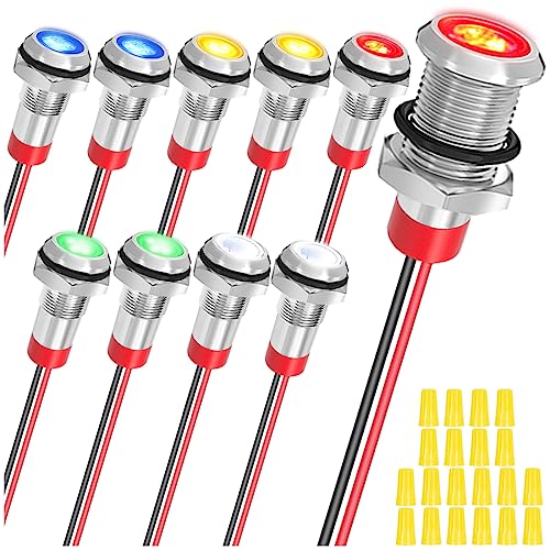 MKBKLLJY 10St. 8mm AC/DC12-24V LED-Metall-Blinker wasserdicht Signallampe 5Farben(Rot/Gelb/Blau/Grün/Weiß) mit 150mm Kabellänge Metall-LED-Blinker und Verdrahtungskappe von MKBKLLJY