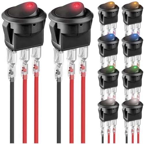 MKBKLLJY 10St. Beleuchteter Runder Wippschalter DC 20A 12V SPST Beleuchteter Ein Aus 3Pin 12V Wippschalter mit verriegelten Anschlussdrähten für Auto Boot 5Farben(Rot/Gelb/Blau/Grün/Weiß) von MKBKLLJY