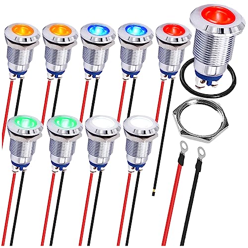 MKBKLLJY 10St. Blinkleuchte 12mm 1/2" Wasserdicht IP67 Metall Signallampe 12V AC/DC LED Pilot Dash Lamp Schraubklemme Konkav Kopf 5Farben(Rot/Gelb/Blau/Grün/Weiß) mit 120mm Kabel für Auto Boot von MKBKLLJY