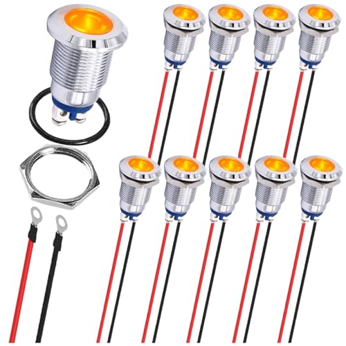 MKBKLLJY 10St. Gelbe Anzeigeleuchte 12mm 1/2" Wasserdicht IP67 Metall Signallampe 12V 24V AC/DC LED Pilot Dash Lamp Schraubklemme Konkav Kopf mit 24AWG 120mm Terminal Drähte für Boot von MKBKLLJY