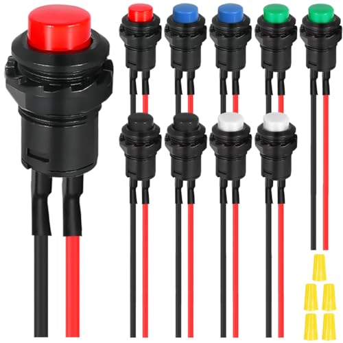 MKBKLLJY 10St. Selbstsperrender Druckknopfschalter 12mm AC 250V/1.5A 125V/3A 2Pin SPST Rot/Blau/Grün/Schwarz/Weiß 12V24V36V Rastschalter mit vorverdrahteten Drähten und Kappe für das Auto von MKBKLLJY