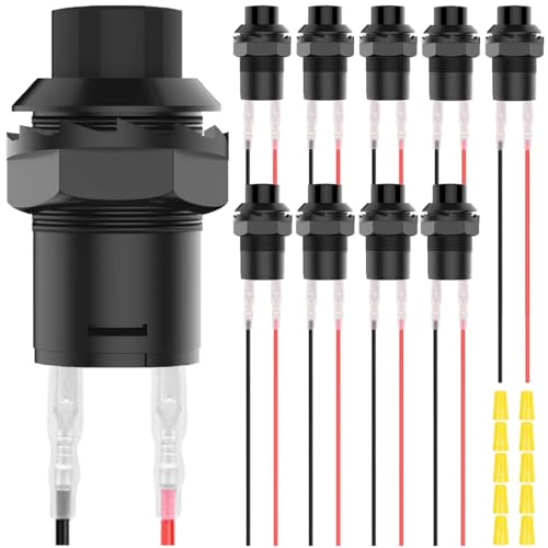 MKBKLLJY 10St. selbstsichernder Drucktastenschalter 12mm AC 250V/1,5 A 125V/3A 2poliger schwarzer runder Ein-/Aus-Schalter mit Klemmen und Abdeckkappe für Auto Boot LKW DIY-Modell PC-Tischlampe von MKBKLLJY