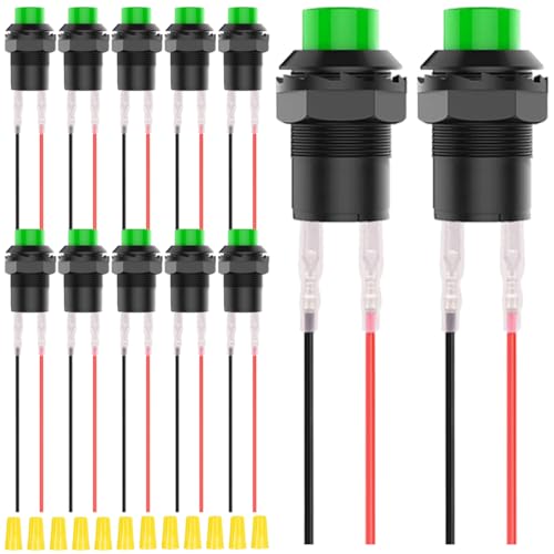 MKBKLLJY 12St. 12mm Momentary Green Mini Push Button Switch AC 250V/1.5A 125V/3A ON Off Micro Round Push Button Switch 2Pin 12V mit Terminal Drähte und Verdrahtung Cap für Auto Boot PC DIY von MKBKLLJY