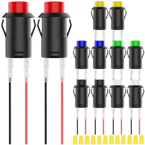 MKBKLLJY 12St. 12mm einrastende rote/gelbe/blaue/grüne/schwarze/weiße Mini-Druckknopfschalter AC 250V/1.5A 125V/3A SPST 2Pin Snap-in Design mit Terminal Drähte und Verdrahtung Cap für Auto Boot von MKBKLLJY