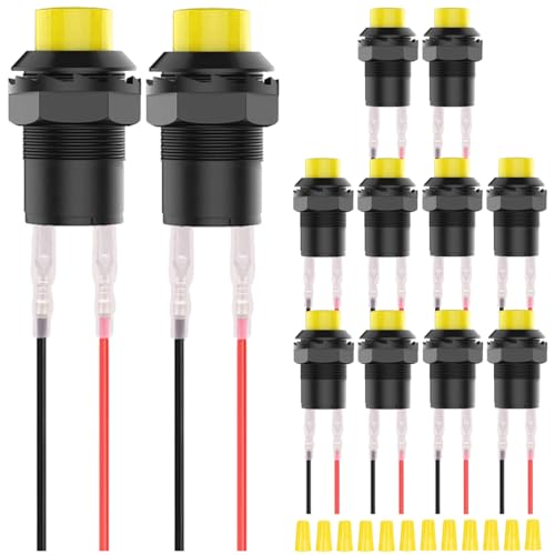 MKBKLLJY 12St. Gelber selbstsperrender Mini-Ein-Aus-Schalter AC 250V 1,5A 125V3A 2Pin 12V 12mm einrastende Drucktaste Mikro-Rundtaster mit Anschlussdrähten und Verdrahtungskappe für Wohnmobil-Auto MKBKLLJY 12St. Gelber selbstsperrender Mini-Ein-Aus-Schalter AC 250V 1,5A 125V3A 2Pin 12V 12mm einrastende Drucktaste Mikro-Rundtaster mit Anschlussdrähten und Verdrahtungskappe für Wohnmobil-Auto von MKBKLLJY