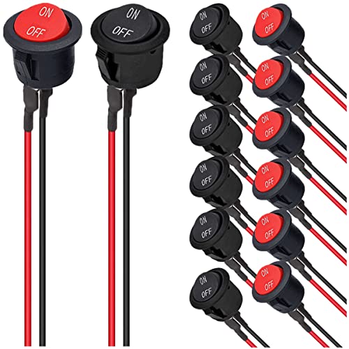 MKBKLLJY 14St. 20mm Mini Rund Wippschalter EIN/AUS Einrastende Kippschalter SPST 2Pin Snap-in Design mit vorverdrahteten Drähten AC 6A 250V 10A 125V 12V DC für Auto Boot 2Farben(Schwarz/Rot) von MKBKLLJY