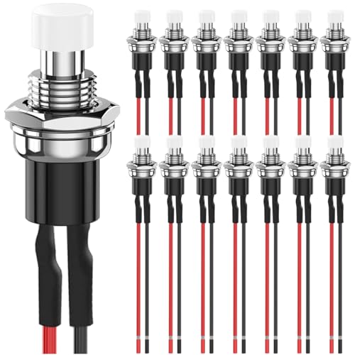 MKBKLLJY 15St. 7mm Weißer Drucktastenschalter 1A 100V 110V 220V 250V AC 2Pin SPST ON OFF 1A 12V 24V 36V DC Mini Micro Rundschalter mit vorverdrahteten Drähten für Auto Boot Motorrad Kaffeekanne von MKBKLLJY