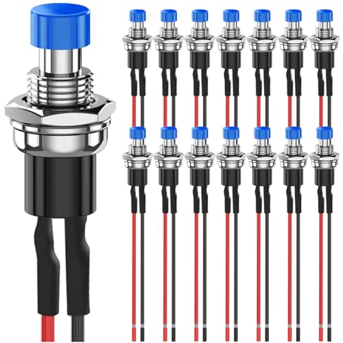 MKBKLLJY 15St. 7mm blauer Drucktaster Schalter 1A 100V 110V 220V 250V AC 2Pin SPST ON OFF 1A 12V 24V 36V DC Mini Micro Rundschalter mit vorverdrahteten Drähten für Auto Boot Motorrad Kaffeekanne von MKBKLLJY