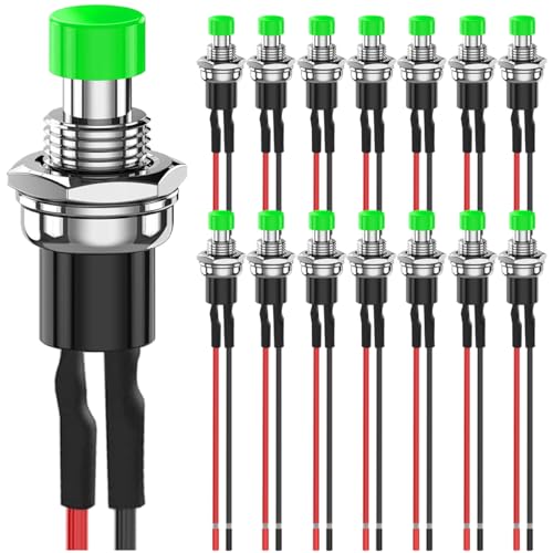 MKBKLLJY 15St. 7mm grüner Drucktaster Schalter 1A 100V 110V 220V 250V AC 2Pin SPST ON OFF 1A 12V 24V 36V DC Mini Micro Rundschalter mit vorverdrahteten Drähten für Auto Boot Motorrad Kaffeekanne von MKBKLLJY