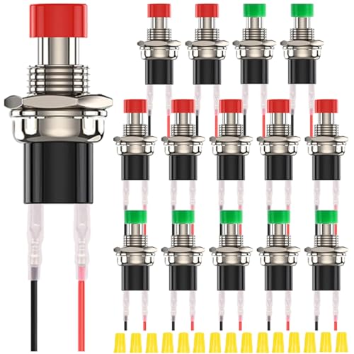 MKBKLLJY 15St. 7mm rot/grüner runder Mini-Tastschalter 1A 250V AC 2Stifte SPST ON OFF Taster mit verriegelter Klemme, Drähten und Kappe für Auto, Boot von MKBKLLJY