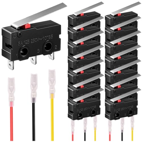 MKBKLLJY 15St. Mini-Mikro-Endschalter 5A 125 250V AC SPDT 1NO 1NC Momentary 28mm/1.1inch lang gerade Scharnier Hebelarm Schalter Snap Action Button Typ 3 Pins SPDT mit 45Pcs Terminal Drähte von MKBKLLJY