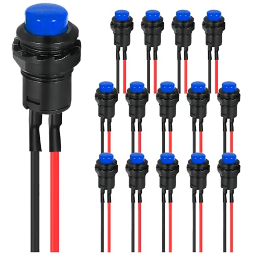 MKBKLLJY 15St. Selbstsperrender Schalter 12mm Blau Mini Einrastende Drucktaste Schalter ON Off AC 250V/1.5A 125V/3A Mikro Runde Drucktaste Schalter 2Pin 12V mit vorverdrahteten Drähten für Tischlampe MKBKLLJY 15St. Selbstsperrender Schalter 12mm Blau Mini Einrastende Drucktaste Schalter ON Off AC 250V/1.5A 125V/3A Mikro Runde Drucktaste Schalter 2Pin 12V mit vorverdrahteten Drähten für Tischlampe von MKBKLLJY