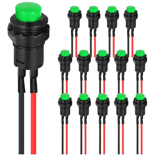 MKBKLLJY 15St. Selbstsperrender Schalter 12mm Grüner Mini-Rasttaster Schalter ON Off AC 250V/1.5A 125V/3A Micro Runder Drucktaster Schalter 2Pin 12V mit vorverdrahteten Drähten für PC Tischlampe von MKBKLLJY