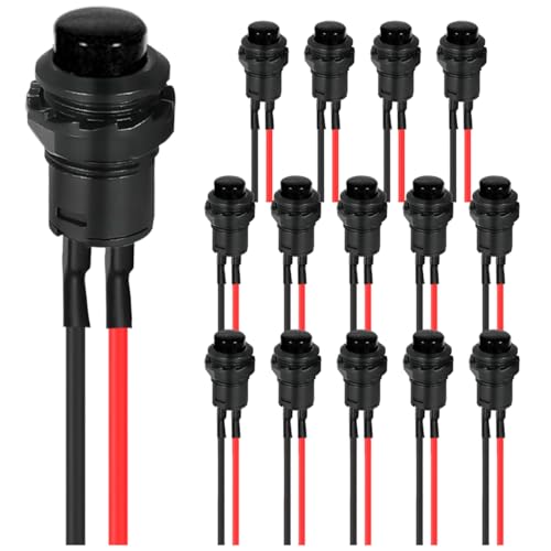 MKBKLLJY 15St. Selbstverriegelnder Schalter 12mm Schwarzer Mini-Rasttaster Schalter ON Off AC 250V/1.5A 125V/3A Micro Rundtaster Schalter 2Pin 12V mit vorverdrahteten Drähten für PC Tischlampe von MKBKLLJY