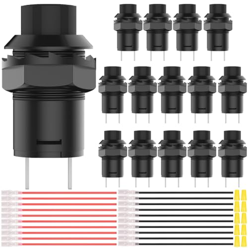 MKBKLLJY 15St. selbstsichernder Drucktastenschalter 12mm AC 250V/1,5 A 125V/3A 2poliger schwarzer runder Ein-/Aus-Schalter mit Klemmen und Abdeckkappe für Auto Boot LKW DIY-Modell PC-Tischlampe von MKBKLLJY