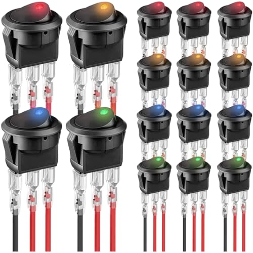 MKBKLLJY 16 Stück beleuchtete runde Wippschalter DC 20A 12V SPST beleuchtet ON Off 3 Pin für Auto Boot LKW Marine 12V Wippschalter mit verriegelten Klemmen Drähte 4Color(Rot/Gelb/Blau/Grün) von MKBKLLJY
