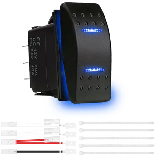 MKBKLLJY 1St Taster (EIN)-AUS-(EIN) 3Positionen Schalter wasserdicht DC 12V/20A 24V/10A 7polig DPDT blaue LED Leuchte mit Jumper Kabelsatz und Kabelbindern für Boot LKW PKW Wohnmobil Motorrad von MKBKLLJY