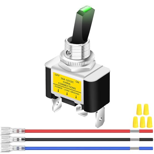 MKBKLLJY 1St. Beleuchteter Kippschalter DC 12V 30A SPST 3polig EIN/AUS Grüner LED Schalter mit verriegelten Anschlussdrähten und Kabelkappen für Auto Boot Wohnmobil LED Leuchten Nebelscheinwerfer von MKBKLLJY