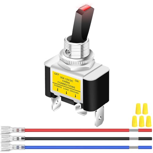 MKBKLLJY 1St. Beleuchteter Kippschalter DC 12V 30A SPST 3polig EIN/AUS Roter LED Schalter mit verriegelten Anschlussdrähten und Kabelkappen für Auto Boot Wohnmobil LED Leuchten Nebelscheinwerfer von MKBKLLJY