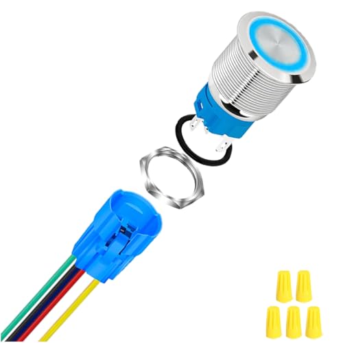 MKBKLLJY 1St.16mm silberfarbener selbstsichernder Drucktastenschalter DC 12V 5A Ein/Aus Edelstahl wasserdicht blauer LED-Ring für 0,63"-Montageloch mit Kabelbuchsenstecker-Verdrahtungskappe für Auto MKBKLLJY 1St.16mm silberfarbener selbstsichernder Drucktastenschalter DC 12V 5A Ein/Aus Edelstahl wasserdicht blauer LED-Ring für 0,63"-Montageloch mit Kabelbuchsenstecker-Verdrahtungskappe für Auto von MKBKLLJY