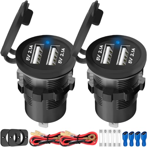 MKBKLLJY 2 Stück Dual-USB-Schnellladegerät Steckdose 2.1A und 2.1A (4.2V) DC 12V–24V wasserdicht Aluminium blaues LED-Licht mit Montageplatte 60cm Kabel Sicherungsklemme für Auto Boot Wohnmobil Mobil von MKBKLLJY