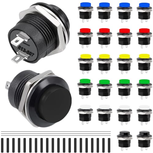 MKBKLLJY 24 Stück 16 mm wasserdichter Momentandruckknopf 3 A 250 V AC SPST 15 mm Minischalter 6 Farben runde Kappe EIN AUS von MKBKLLJY