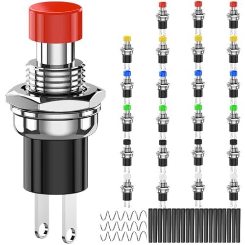 MKBKLLJY 24St. 7mm Drucktastenschalter AC 250V 1A 2Pin SPST Rot/Gelb/Blau/Grün/Schwarz/Weiß ON OFF Mini Rundschalter mit Lötdraht und Schrumpfschlauch für Auto Boot Kaffeemaschine von MKBKLLJY