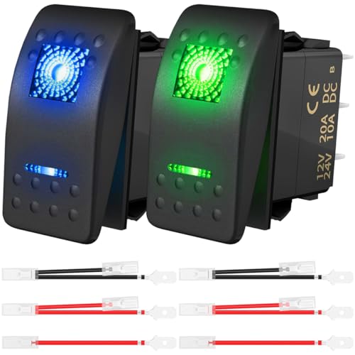 MKBKLLJY 2St. Kippschalter DC 20A/12V 10A/24V SPST Blau Grün LED Beleuchtet Wasserdicht Wippschalter 5Pin Ein/Aus mit Überbrückungsdrähten Set für UTV Autos Boot von MKBKLLJY