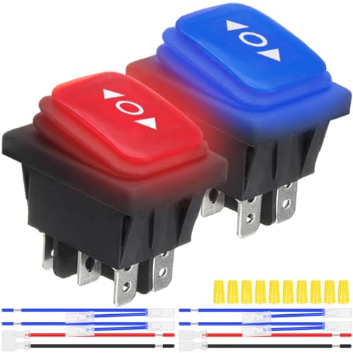 MKBKLLJY 2St.Momentaner Polaritätsumkehrschalter Wasserdichter Steuerwippschalter DC 12V 20A Rot/Blaues LED-Licht beleuchtet 6Pin 3Position(ON)-Off-(ON) mit Überbrückungsklemme Drähte für Auto-Boot von MKBKLLJY