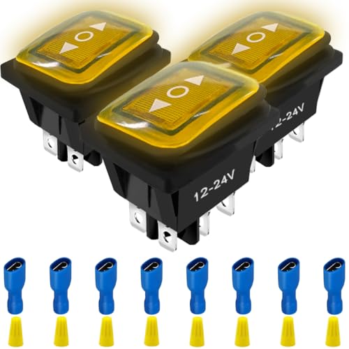 MKBKLLJY 3 STK Momentaner Polaritätsumkehrschalter Wasserdicht DC 20A 12V Steuerkippschalter Doppelrückstellung 6-polig (AN)-Aus-(AN) KCD4 Gelbe LED-Leuchte beleuchtet 8-teiliges Anschlusskabel Kappe von MKBKLLJY
