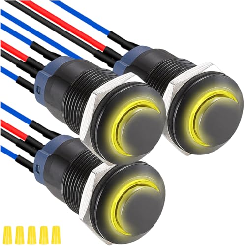 MKBKLLJY 3St. 12mm Drucktastenschalter mit gelber LED schwarzem Metallgehäuse IP65 wasserdicht 12V 24V 3A DC SPST 2Positionen Selbstverriegelung mit vorverdrahteten Kabeln und Kabelkappe für Auto von MKBKLLJY