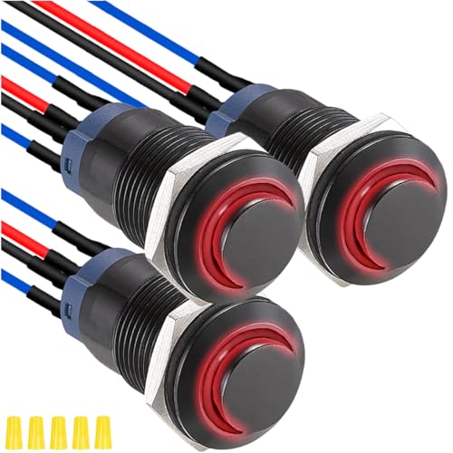 MKBKLLJY 3St. 12mm Drucktastenschalter mit rot LED schwarzem Metallgehäuse IP65 wasserdicht 12V 24V 3A DC SPST 2Positionen Selbstverriegelung mit vorverdrahteten Kabeln und Kabelkappe für Auto von MKBKLLJY