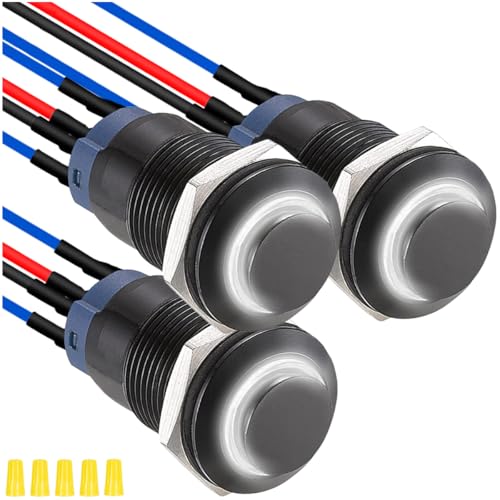 MKBKLLJY 3St. 12mm Drucktastenschalter mit weißer LED schwarzem Metallgehäuse IP65 wasserdicht 12V 24V 3A DC SPST 2Positionen Selbstverriegelung mit vorverdrahteten Kabeln und Kabelkappe für Auto von MKBKLLJY