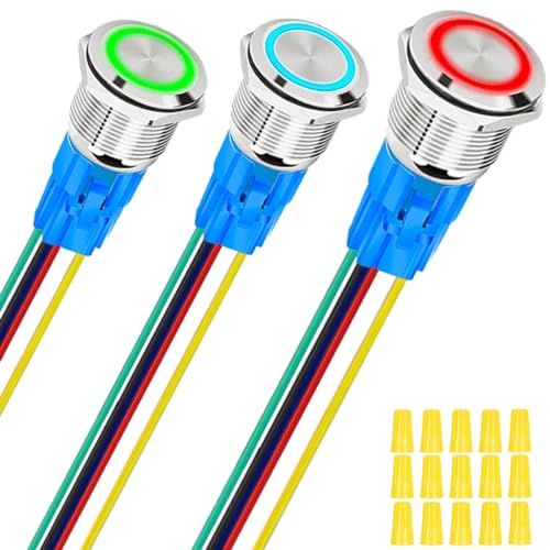MKBKLLJY 3St. 16mm selbstverriegelnde silberne Druckknopfschalter wasserdicht mit 12V rot/blau/grün LED Engelsring Kopf für 0,63" Montageloch mit Drahtbuchse Stecker selbstverriegelnde für Boot von MKBKLLJY