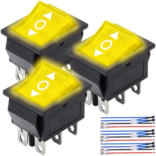 MKBKLLJY 3St. Kippschalter 3Positionen ON/Off/ON 6Pin DPDT 12V AC 10A/125V 6A/250V Gelbes LED Licht Beleuchteter Snap-in Kippschalter mit Überbrückungsklemme Drähte für Auto Boot LKW Motorrad von MKBKLLJY