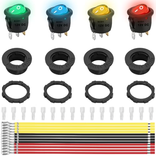 MKBKLLJY 4 Stück runder Wippschalter EIN/AUS SPST DC 12V 20A 3-polig 2 Positionen Snap In KCD1 20 mm Mini Rot Gelb Blau Grün LED-Licht beleuchtet Kreis Boot Kippschalter mit Anschlusskabel von MKBKLLJY