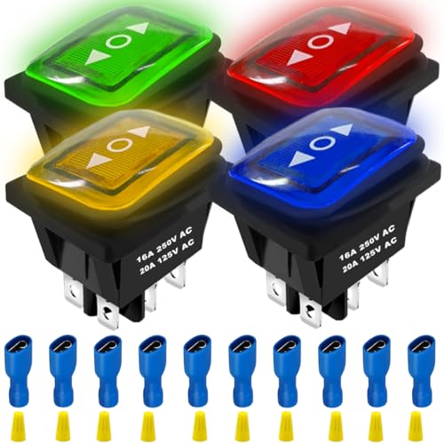 MKBKLLJY 4-teiliger Momentan-Polaritätsumkehrschalter wasserdicht AC 16A 250V/20A 125V AC Wippschalter doppelte Rückstellung 6-polig(AN)-Aus-(AN) KCD4 LED-Leuchte beleuchtet 10-teiliges Anschlusskabel von MKBKLLJY