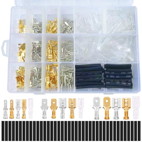 MKBKLLJY 400St. 2,8/4,8/6,3mm Schnellspleiß Stecker und Buchse Draht Spade Connector Crimp Terminal Block Sortiment Kit mit Isolierhülse für elektrische Verdrahtung Auto Lautsprecher (Silber/Gold) von MKBKLLJY