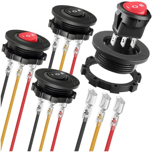 MKBKLLJY 4St. 2Wege Rundwippschaltergehäuse 12V 3polig 3Positionen-Schalter EIN/AUS/EIN 6A/250V AC 10A/125V DC SPDT 20mm Rot/Schwarz Kreis Kippschalter mit Anschlussdraht für Auto Boot von MKBKLLJY