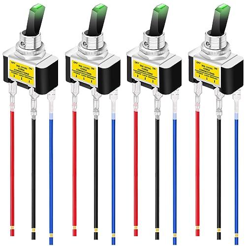 MKBKLLJY 4St. Beleuchteter Kippschalter DC 12V 30A SPST 3Pin Ein Aus Grüner LED-Schalter für Auto, Boot, Wohnmobil mit verriegelten Klemmen Drähten von MKBKLLJY