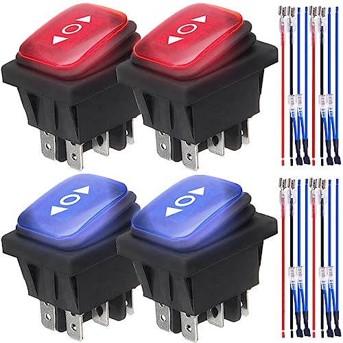 MKBKLLJY 4St. Momentaner Polaritätsumkehrschalter Wasserdichter Steuerwippschalter DC Motor 10A (LED DC 12V) 6 Pin 3 Positionen (ON)-Off-(ON) mit Überbrückungsdrähten LED 2Farben (Rot/Blau) von MKBKLLJY