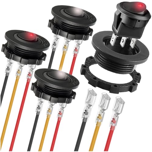 MKBKLLJY 4St. Runder Wippschalter DC 12V 20A 24V 10A Rot/Weiß LED Beleuchteter Schalter SPST 3Pin Ein Aus 12V DC Kippschalter für Auto Boot Wohnmobil mit Rundmantel Anschlussdrähte von MKBKLLJY