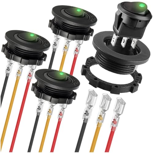 MKBKLLJY 4St. Runder Wippschalter DC 12V 20A 24V 10A SPST 3Pin Ein Aus 12V DC Kippschalter Grün LED Beleuchteter Schalter für Auto Boot mit Runder Schale Verriegelte Klemme Drähte von MKBKLLJY