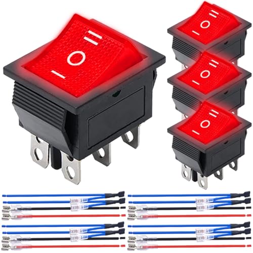 MKBKLLJY 4St. Wippschalter 6Pin 3Position ON/Off/ON DC 12V AC 10A/125V 6A/250V DPDT Rotes LED Licht Beleuchtetes Boot KCD4 Wippschalter Toggle KCD2-203N mit Überbrückungsklemme Drähte für Auto Boot von MKBKLLJY