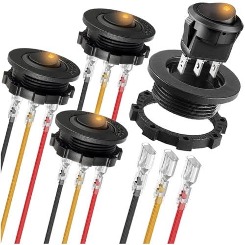 MKBKLLJY 4St. runder Wippschalter DC 12V 20A 24V 10A gelber LED beleuchteter Schalter SPST 3Pin Ein Aus 12V DC Kippschalter für Auto Boot Wohnmobil mit runder Schale verschlossene Klemme Drähte von MKBKLLJY