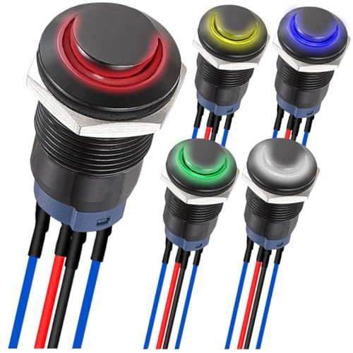 MKBKLLJY 5St. 12mm LED-Tastschalter Schwarzes Gehäuse mit Vorverdrahtung IP65 Wasserdichter Drucktastenschalter SPST 2Position ON OFFmitroten/gelben/blauen/grünen/weißen LED für Auto, Boot, LKW von MKBKLLJY