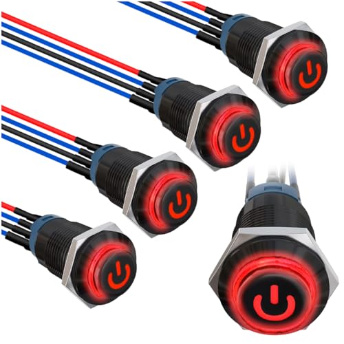 MKBKLLJY 5St. 12mm Momentan-LED-Taster mit roter LED, schwarzes Gehäuse mit Power Mark LOGO IP65 Wasserdichter Drucktastenschalter SPST 2Position ON OFFmit Vorverdrahtung für Auto Marine Boot MKBKLLJY 5St. 12mm Momentan-LED-Taster mit roter LED, schwarzes Gehäuse mit Power Mark LOGO IP65 Wasserdichter Drucktastenschalter SPST 2Position ON OFFmit Vorverdrahtung für Auto Marine Boot von MKBKLLJY