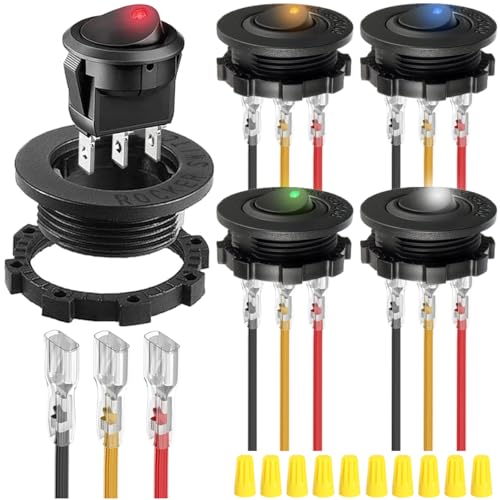 MKBKLLJY 5St. beleuchteter runder Wippschalter DC 20A 12V/10A 24V SPST beleuchteter ON Off 3Pin Wippschalter mit verriegelten Anschlussdrähten für Auto Boot LKW DIY 5Farben(Rot/Gelb/Blau/Grün/Weiß) von MKBKLLJY