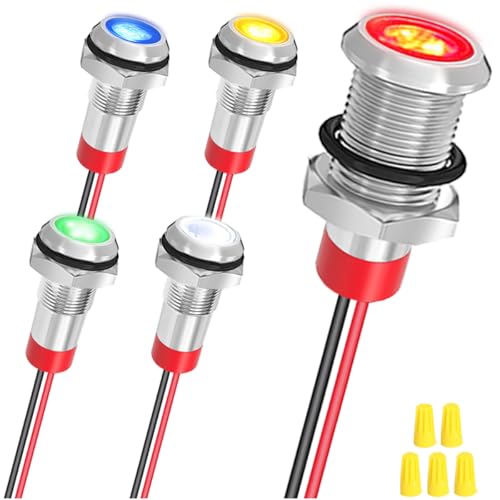 MKBKLLJY 5St. wasserdichte 8mm-LED Anzeigelampe aus Metall mit 12-24V Gleichstrom in den Farben Rot/Gelb/Blau/Grün/Weiß und 150mm Kabellänge Metall LED Anzeigelampe und Kabelkappe für LKWs Boote von MKBKLLJY